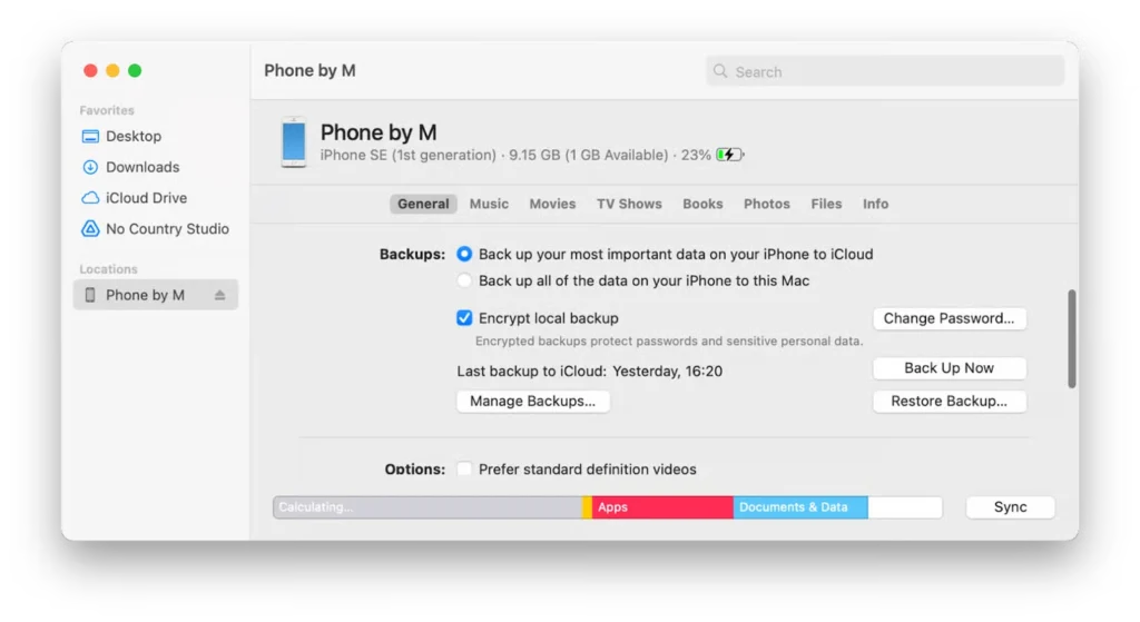 backup iPhone to Mac Back Up Now button in Finder