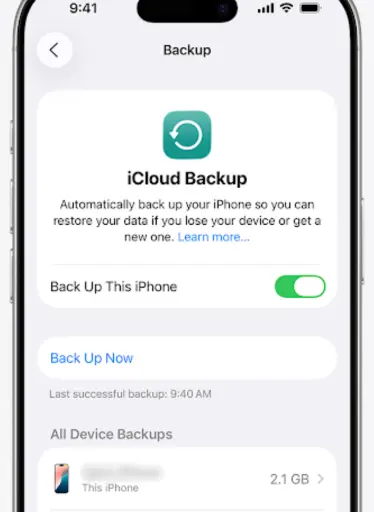 turn on iCloud backup in iPhone settings screen