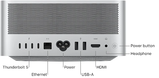 Close-up of the Mac Studio rear port panel showing Thunderbolt 5 connections