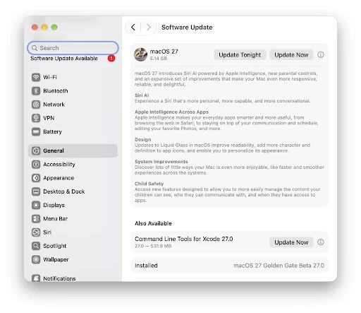 Software Update screen showing macOS 27 Golden Gate ready to install