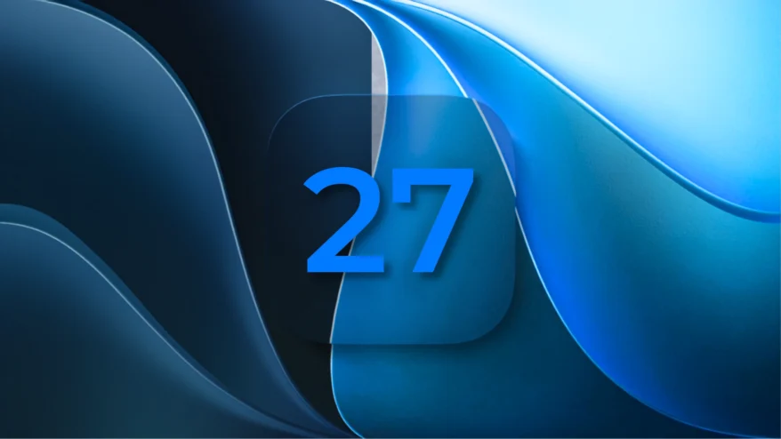 The number 27 over a fluid blue background representing the iOS 27 software update.
