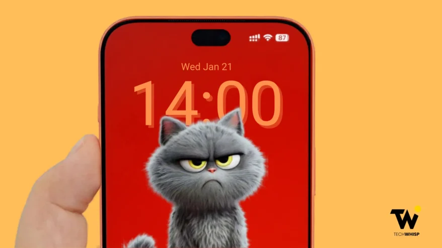 Front view concept render of the rumored iPhone 18 Pro Max held in hand, showing a slim bezel, Dynamic Island, and a custom lock screen featuring an angry grey cat graphic.