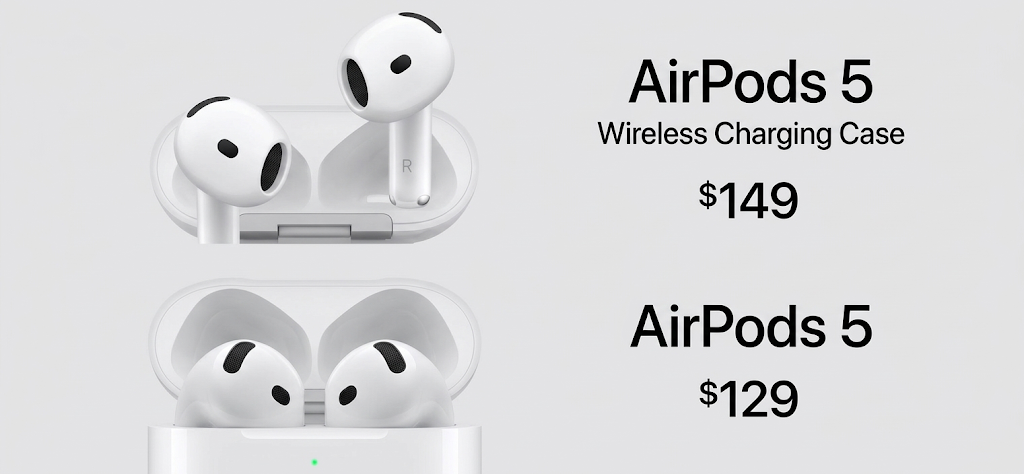Comparison image showing the AirPods 5 lineup in white charging cases